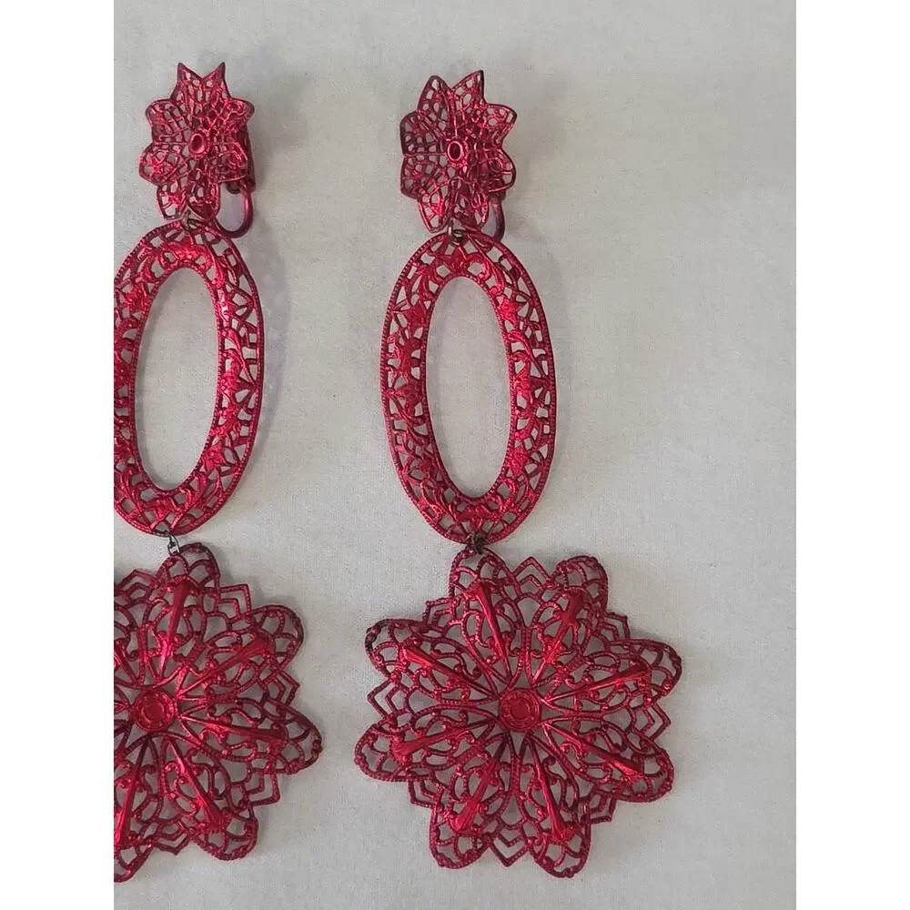 Vintage Long Dangle Statement Earrings Red Lace Like Filigree ClipOn Delicate 4